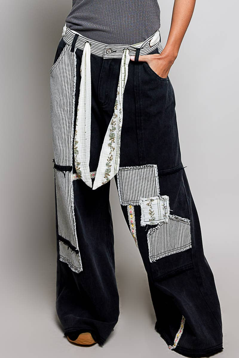Stripe Patch High Rise Wide Leg Twill Pants