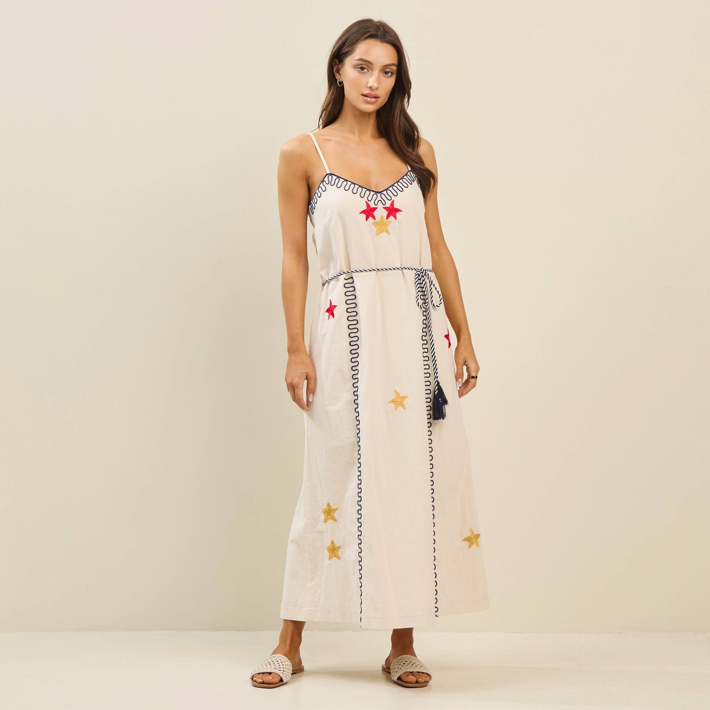Embroidered tie waist dress