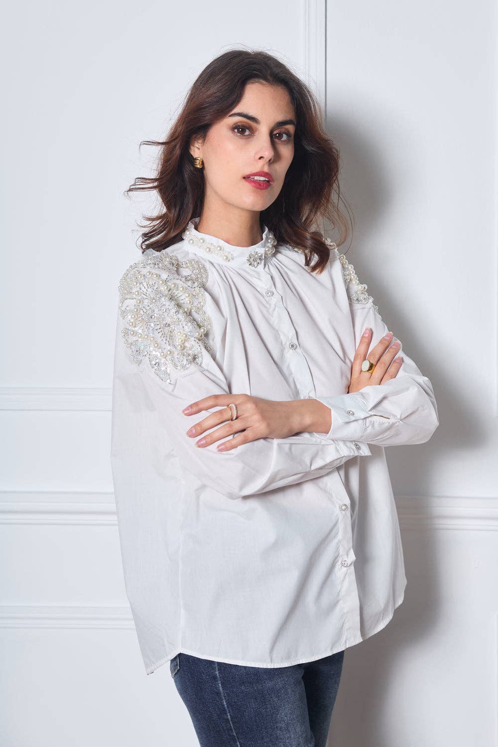 Shirt with beaded embroidery on the shoulders