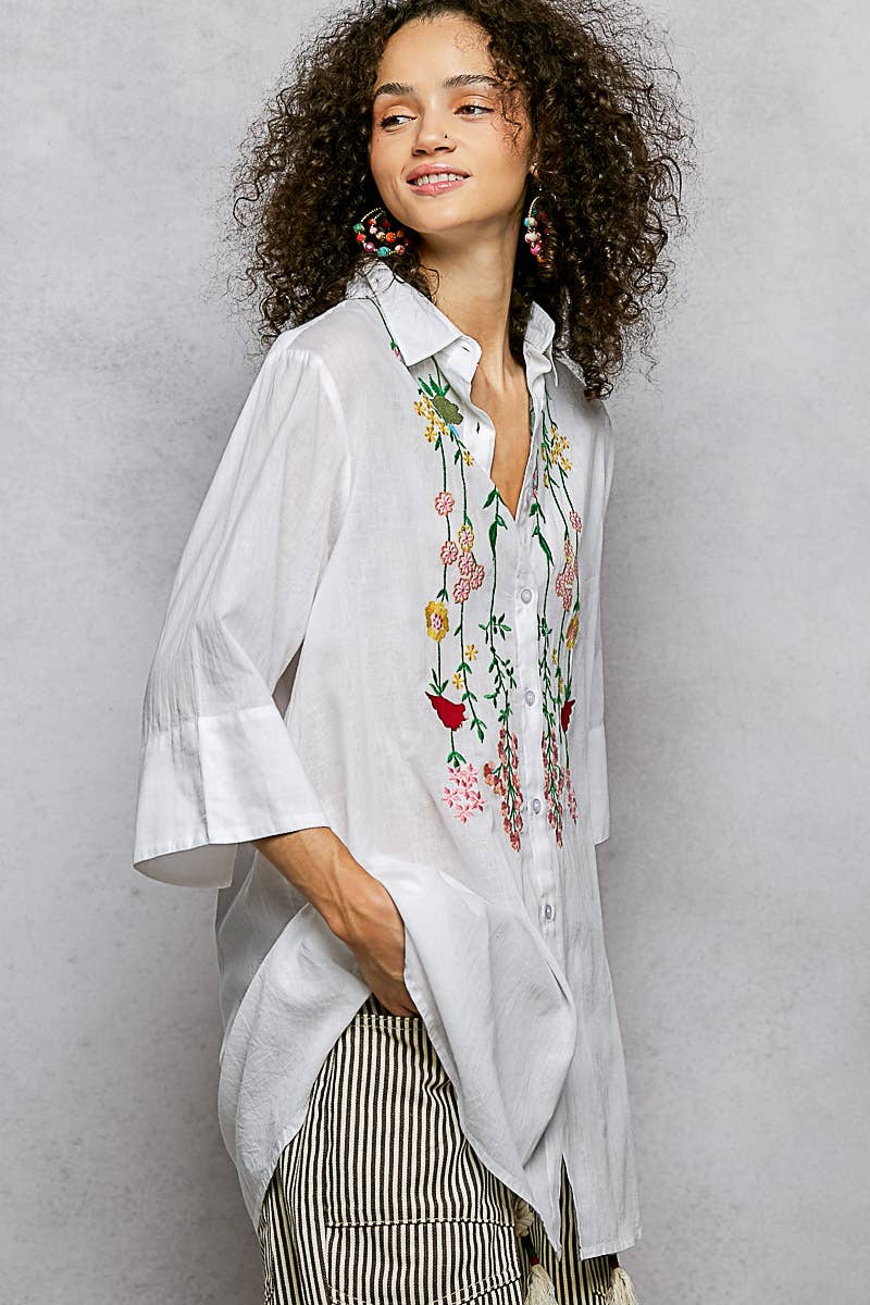 1/2 Sleeve Collared Embroidered Cotton Shirt Woven Top