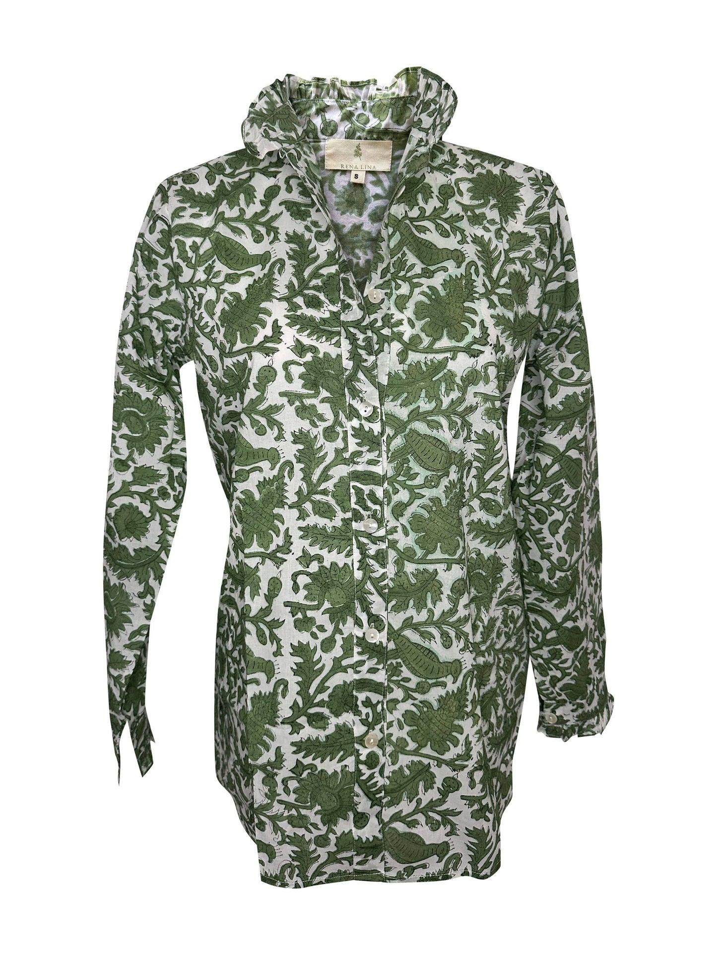 Peacock Block Print Ruffled Collared Womens Blouse