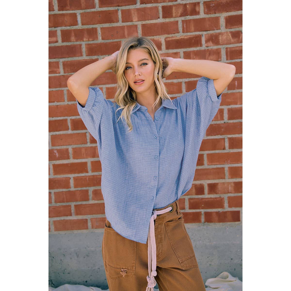 DENIM BLUE GAUZE OVERSIZED BUTTON DOWN SHIRT