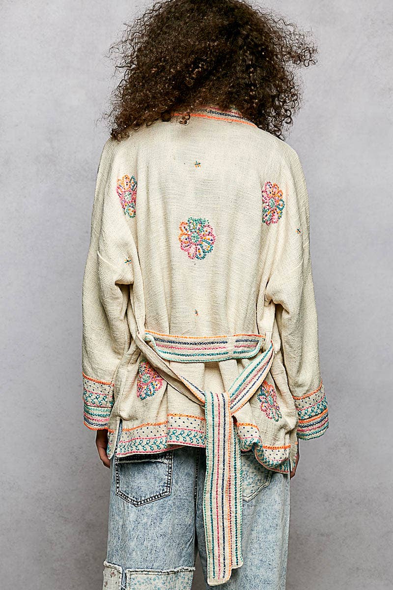 Long Sleeve Kimono Spangle Embroidered Open Cardigan