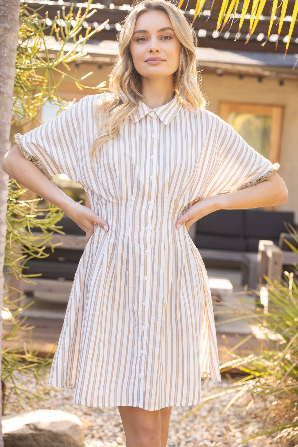 36322 Pleated Waist Striped Mini Flare Shirt Dress