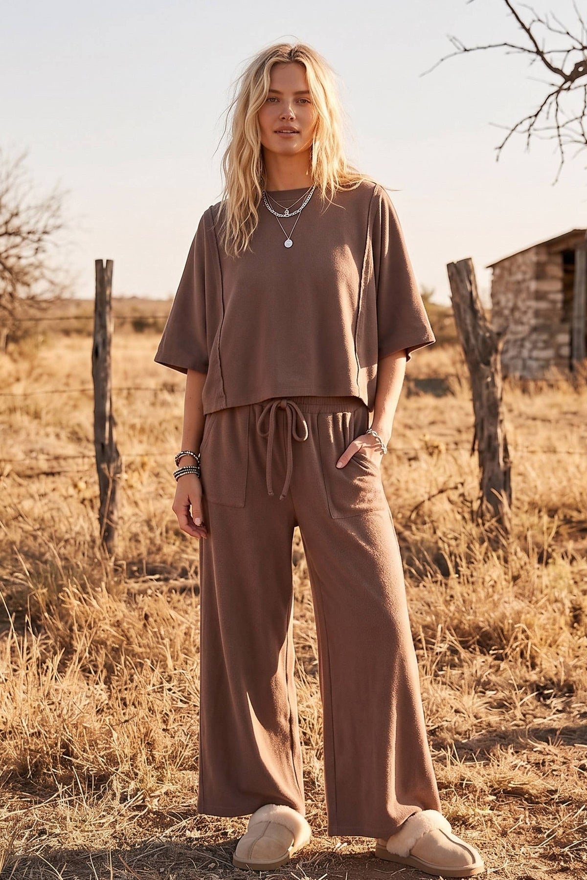 Brushed Stretch Boxy Top & Wide Leg Pant Set