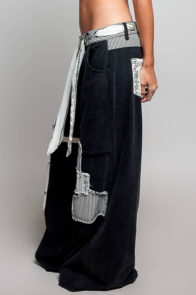Stripe Patch High Rise Wide Leg Twill Pants