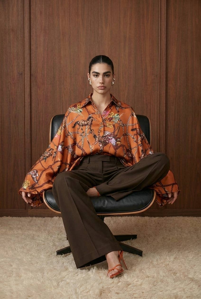 Draped Equestrian Motif Satin Blouse