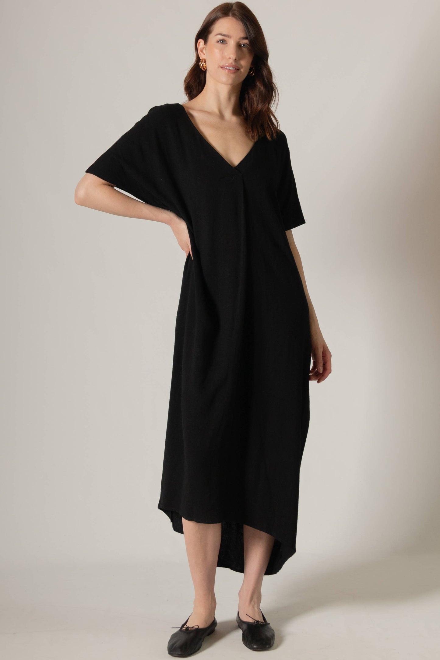 P. CILL Linen Cotton Blend V-Neck Midi Dress