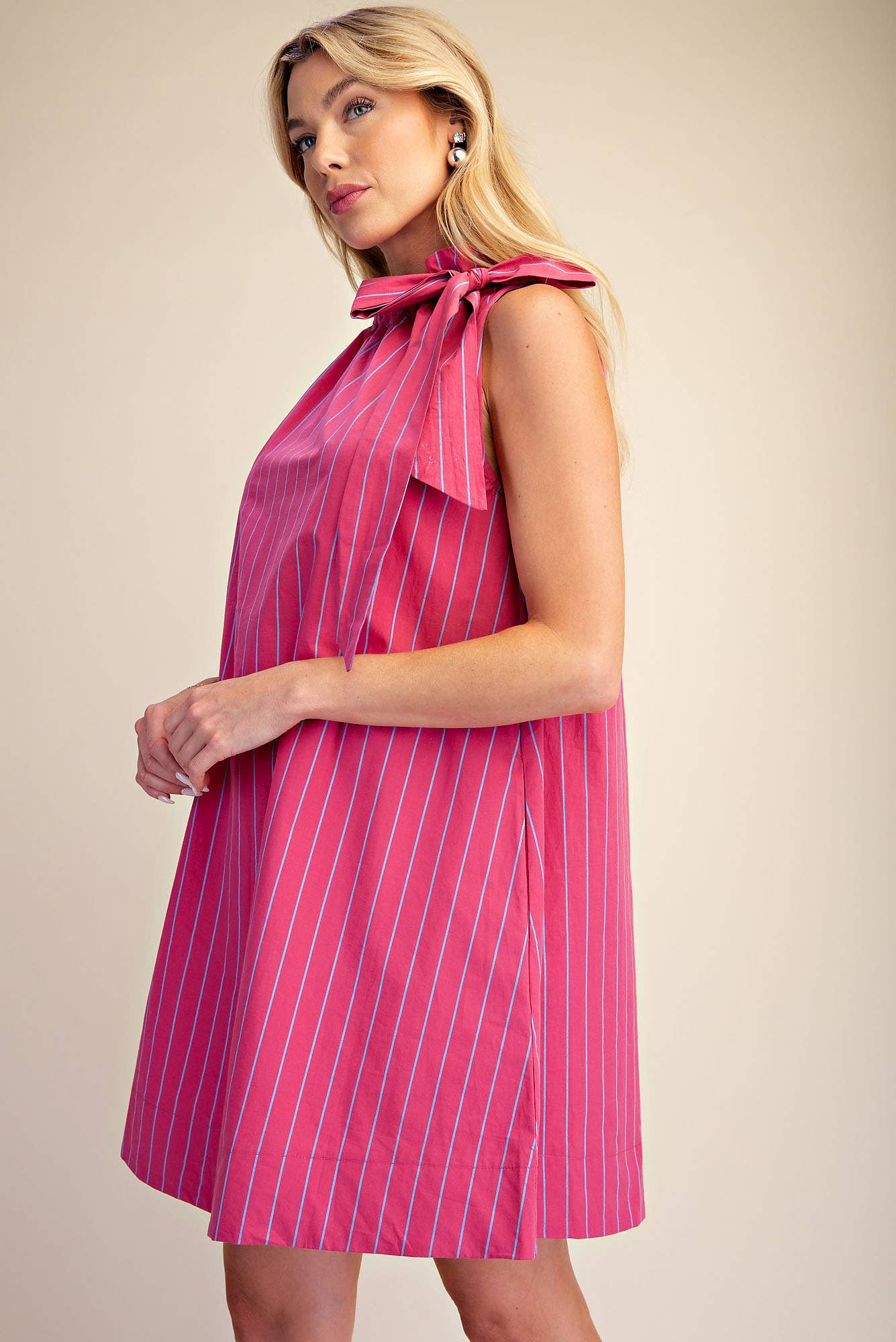 Stripe Mini Dress Ruffle Neck Adjustable Tie Sleeveless