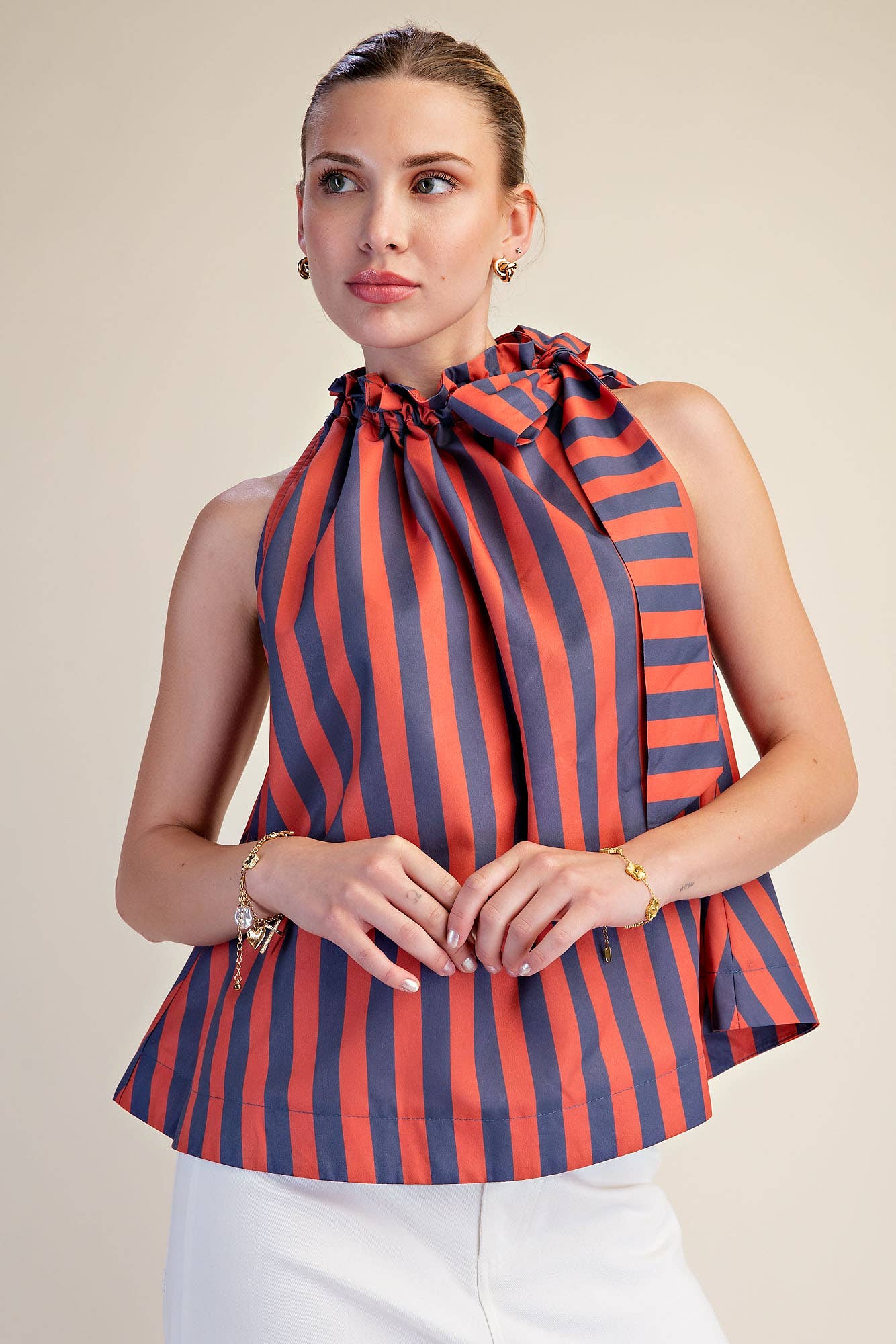 Ruffle Neck Tie Sleeveless Stripe Top