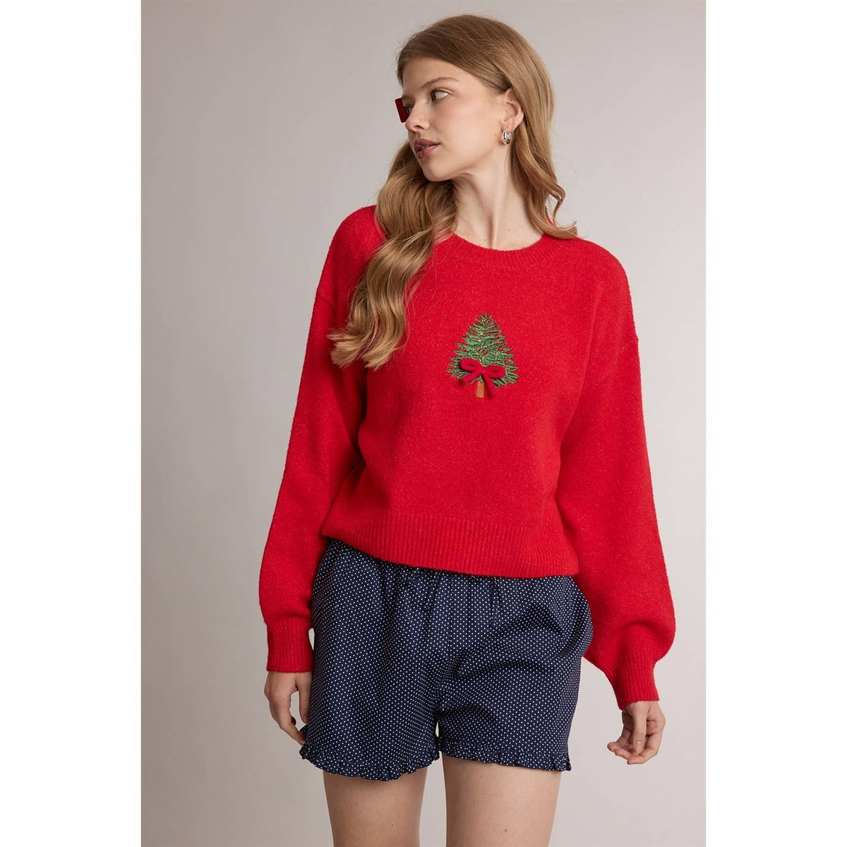 BOW CHRISTMAS TREE EMBROIDERED GRAPHIC SWEATER / WL26-13377