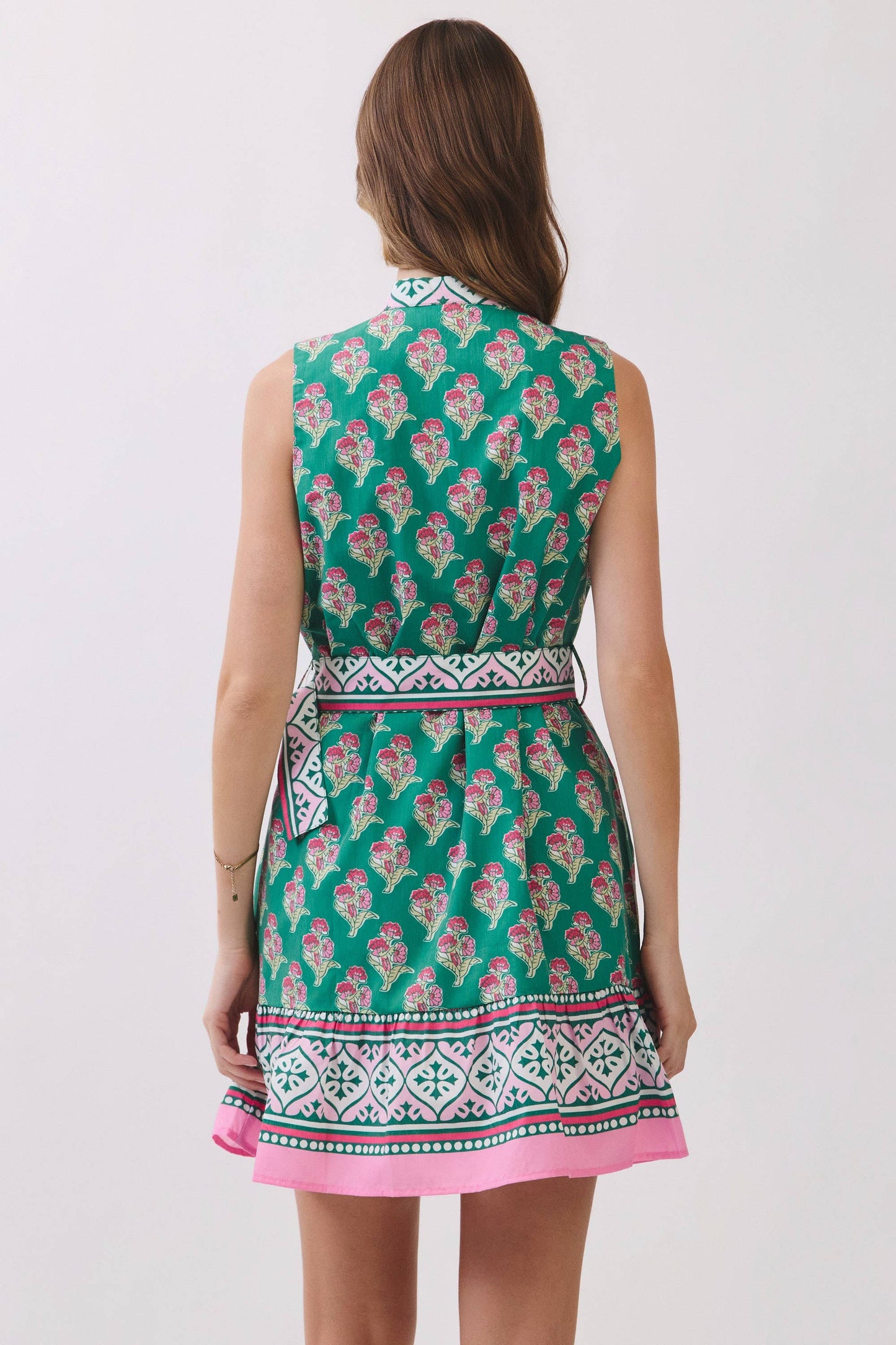 CD07193-Floral Border Print Belted Mini Dress