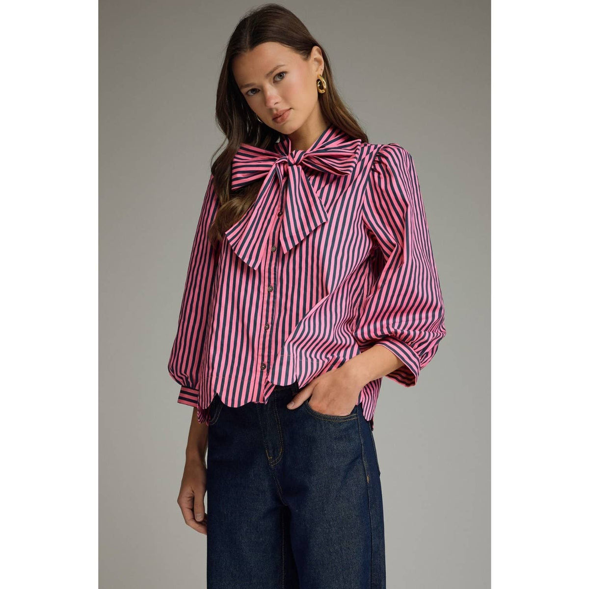 NEW Stripe self-tie neck 3/4 puff sleeve top