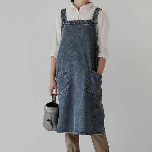Cotton Canvas Washed Denim Apron with pockets_CWMM3296