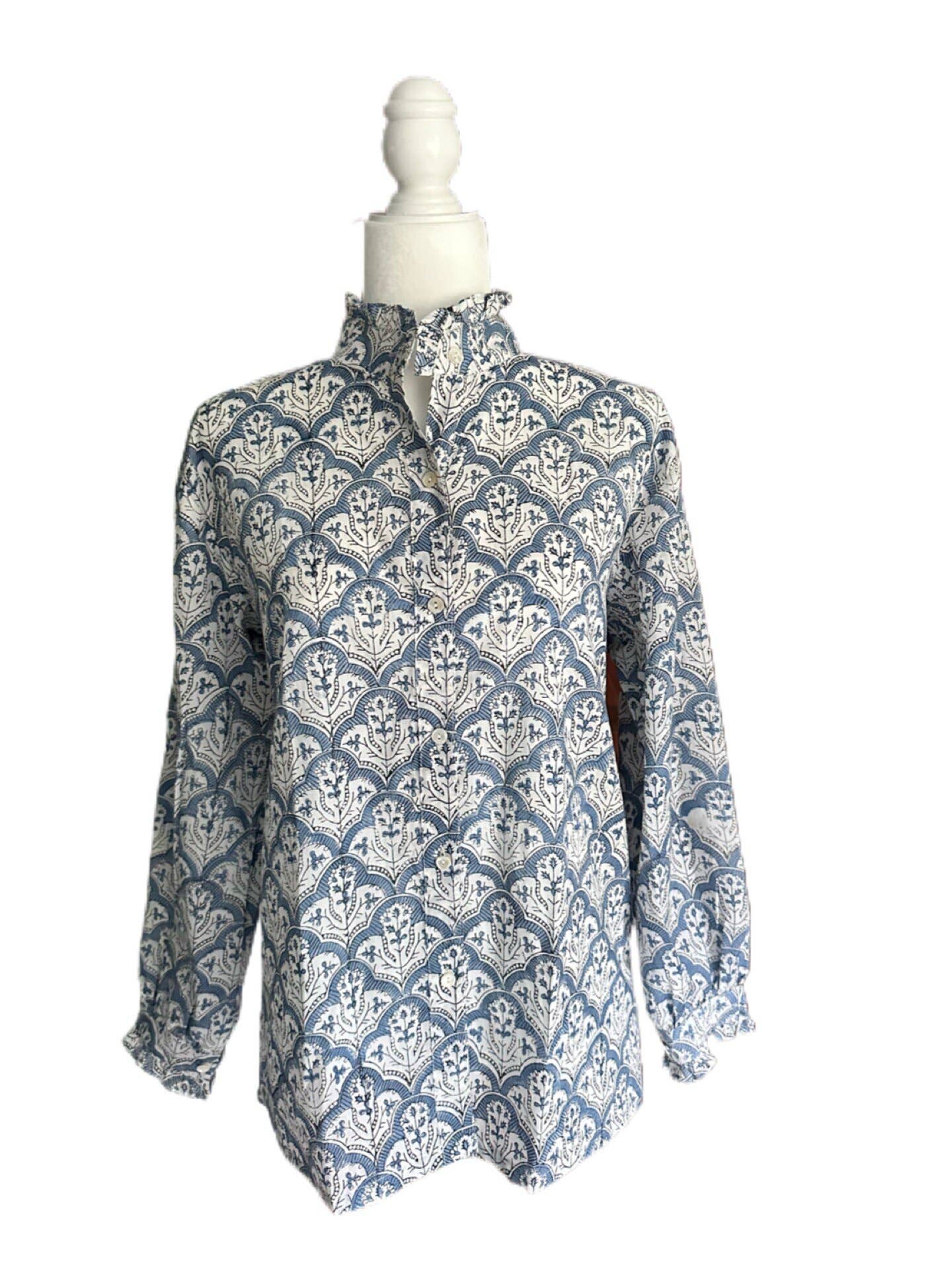 Women's Floral Block Print Ruffle Collar Button Down Blouse