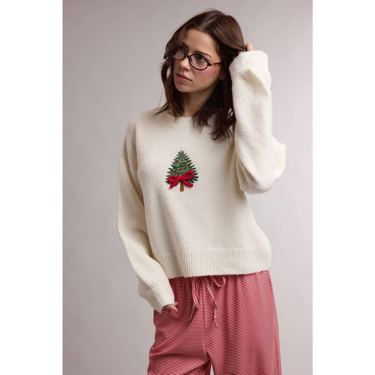 BOW CHRISTMAS TREE EMBROIDERED GRAPHIC SWEATER / WL26-13377