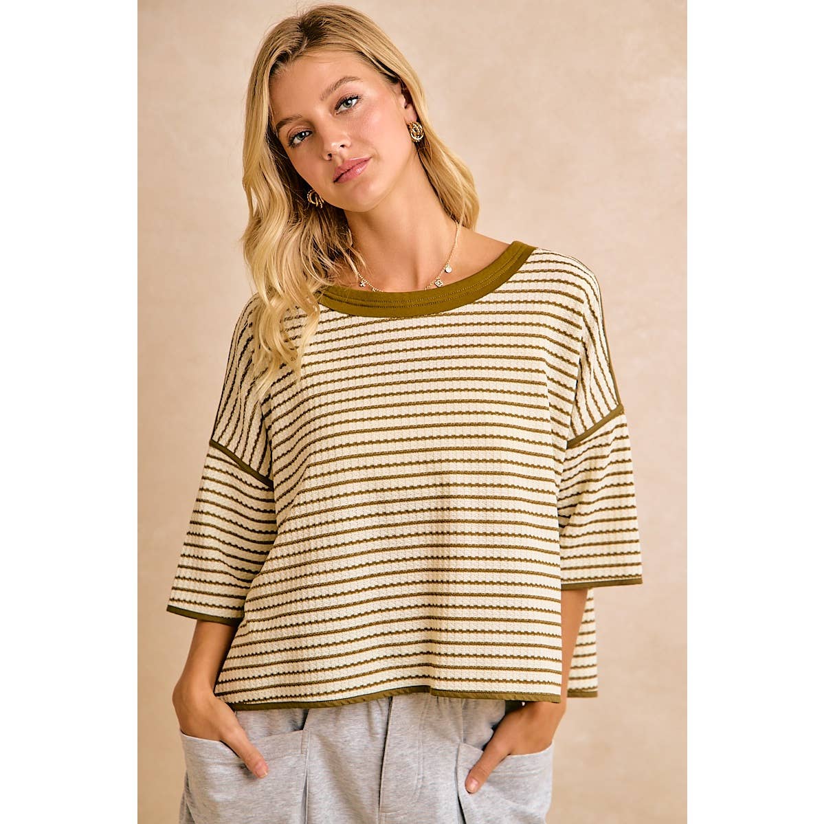 WAFFLE STRIPE WITH BINDING DETAIL RELAXED FIT TOP
