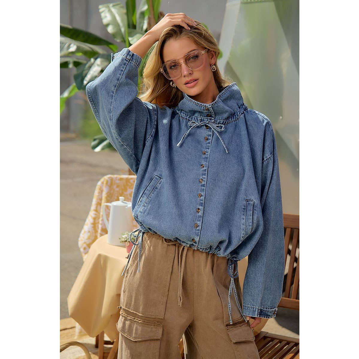LIGHTWEIGHT WASHED DENIM DRAWSTRING HEM JACKET