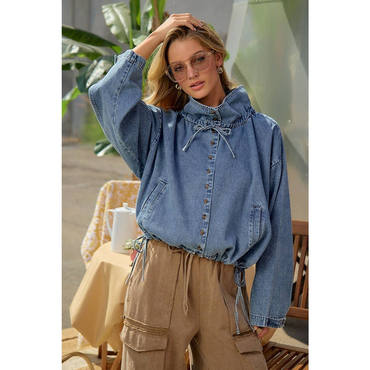 LIGHTWEIGHT WASHED DENIM DRAWSTRING HEM JACKET