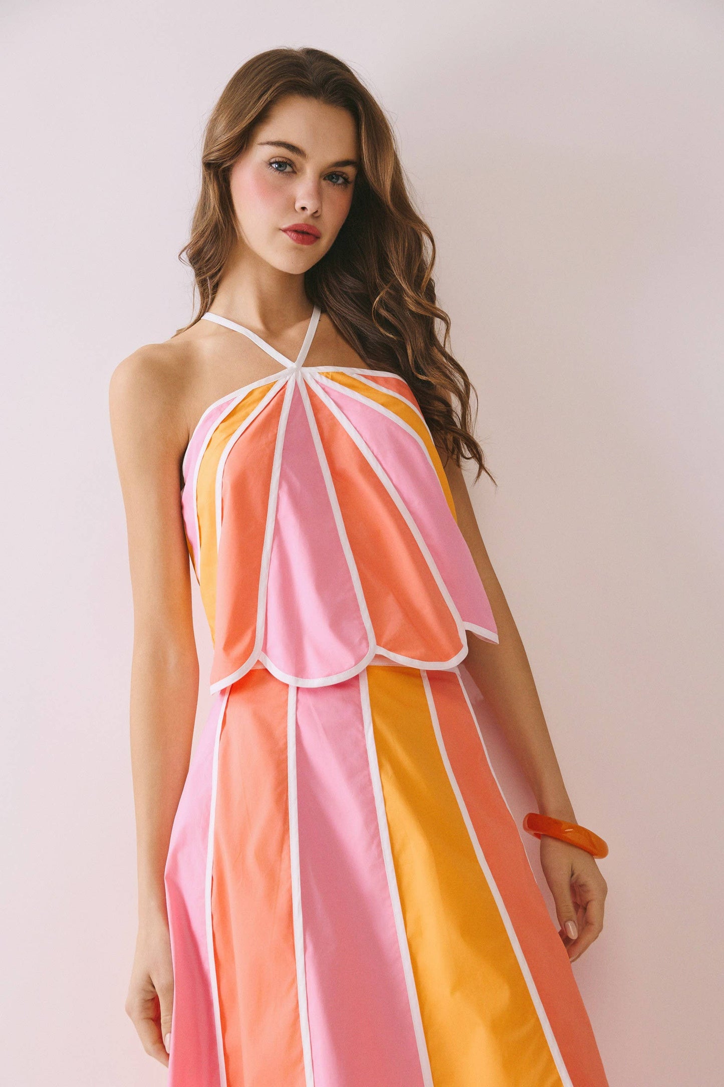 CT9722-Color Block Scalloped Edges Detail Halter Top