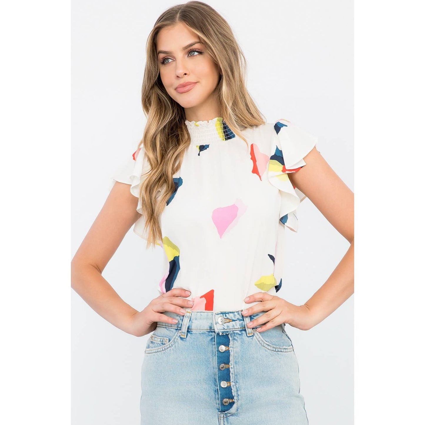 Flutter Sleeve Smocked Neck Top