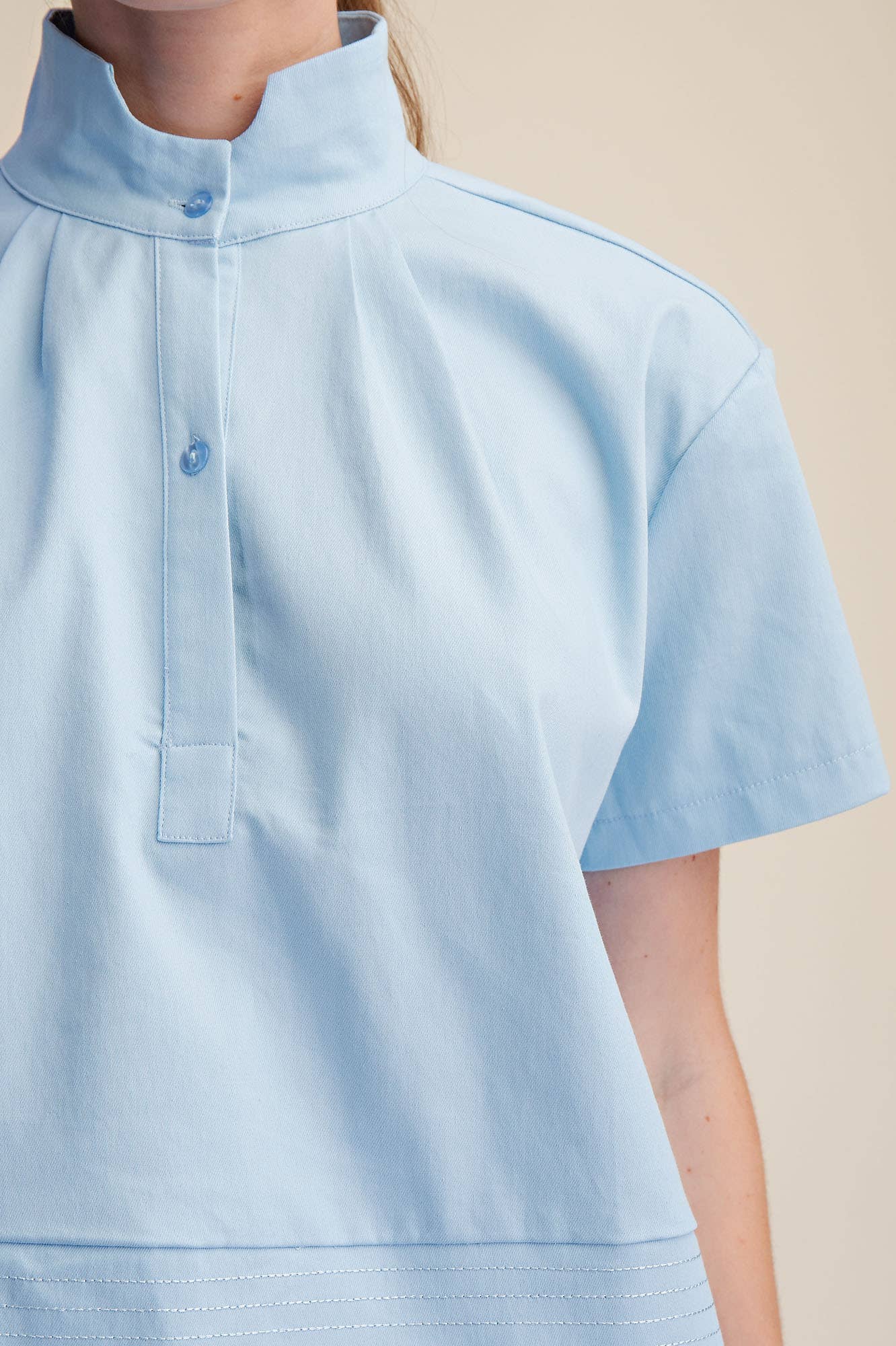 Stand Collar Short Sleeve Stitch Detail Shirt