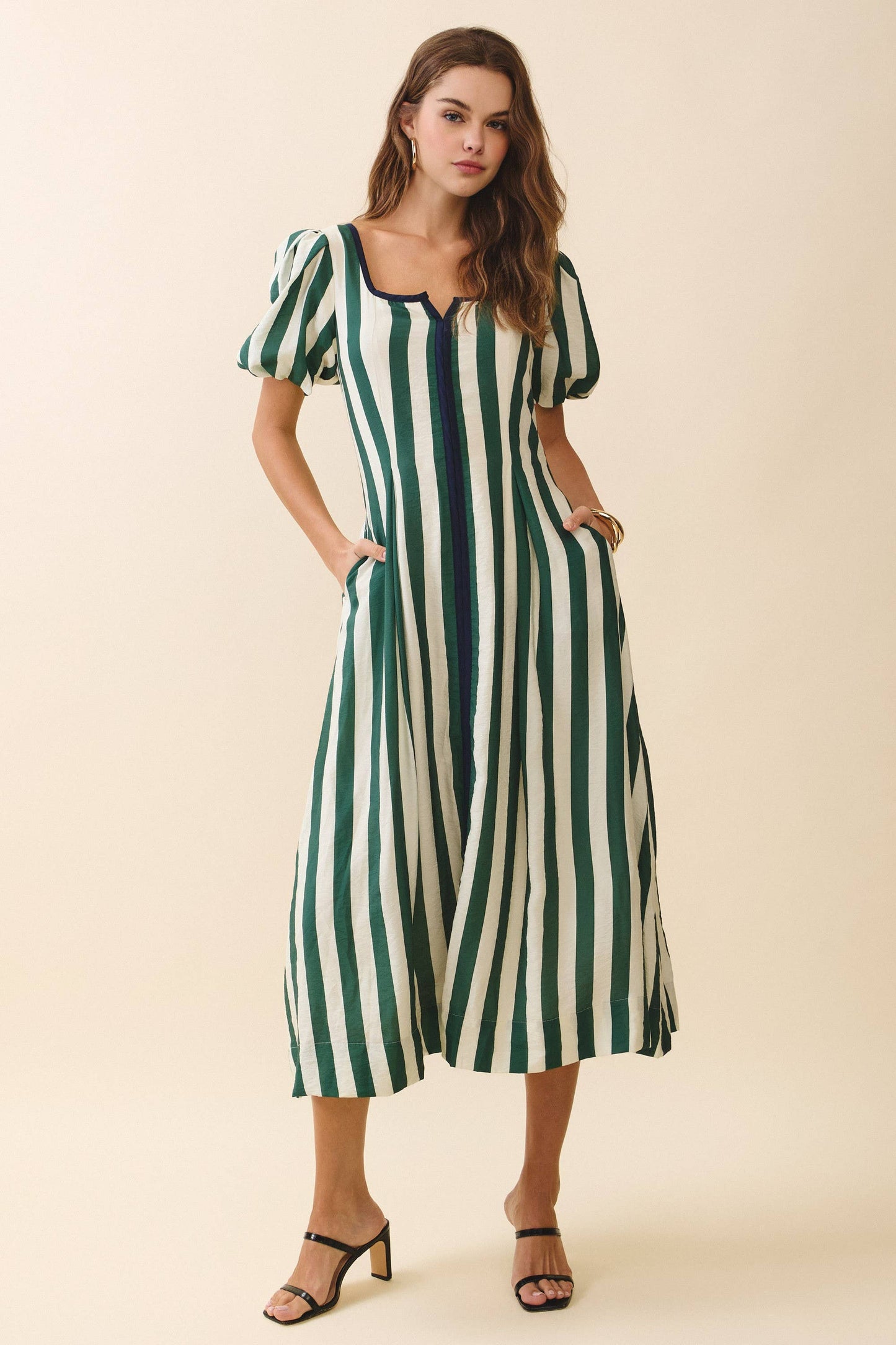 CD06261-Bold Vertical Stripes Square Neck Midi Dress