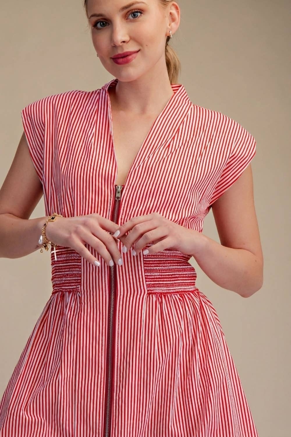 V-Neck Front Zip Waist Smocked Casual Midi Dress