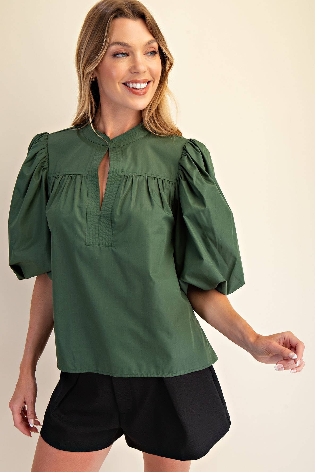Mandarin Collar V-Neck Bubble Sleeve Poplin Top