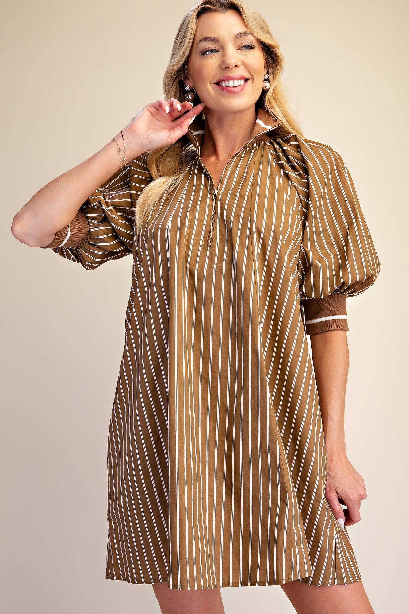 Mock Neck Band Half Zip Stripe Mini Dress