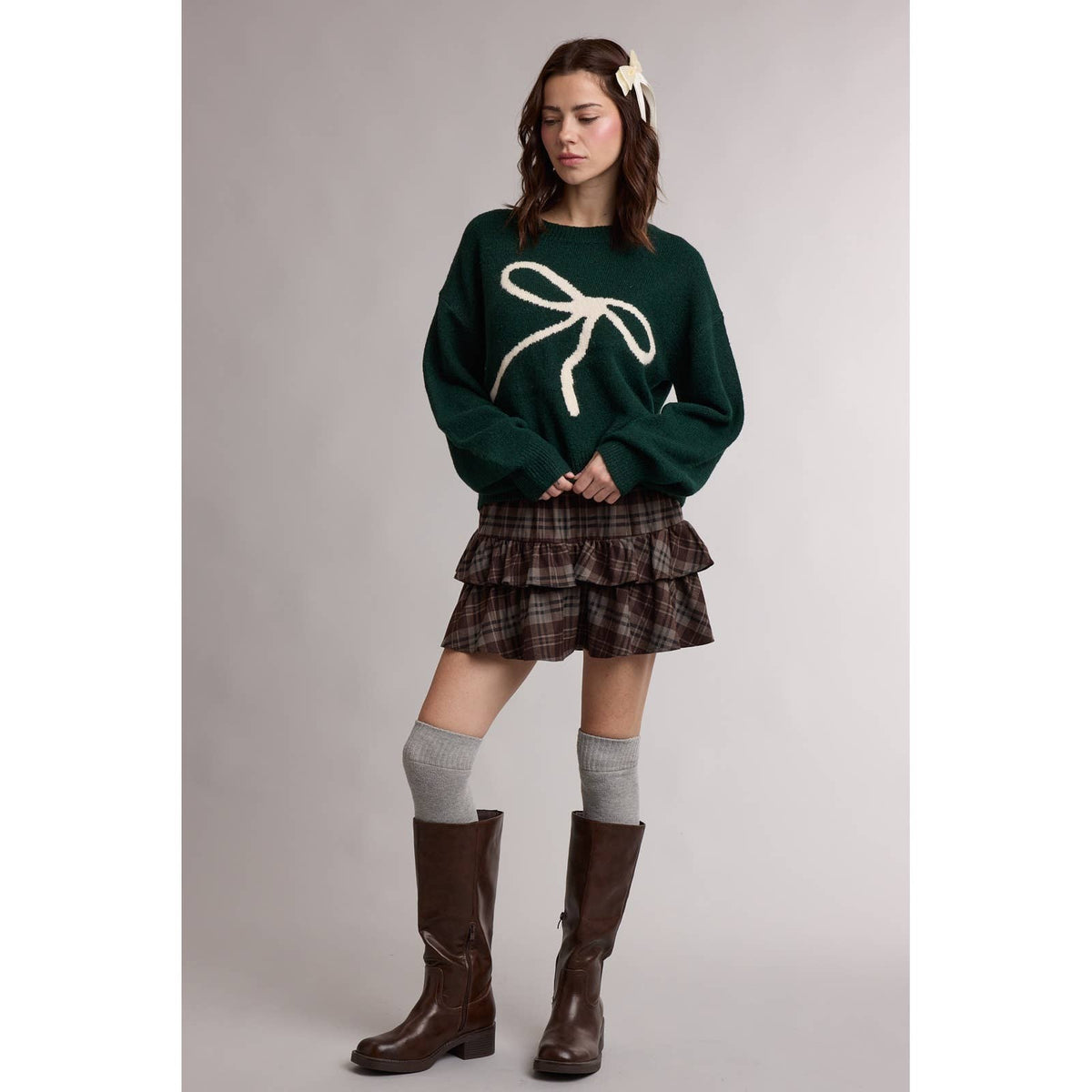 OVERSIZED HOLIDAY BOW KNIT GRAPHIC SWEATER / WL26-13463