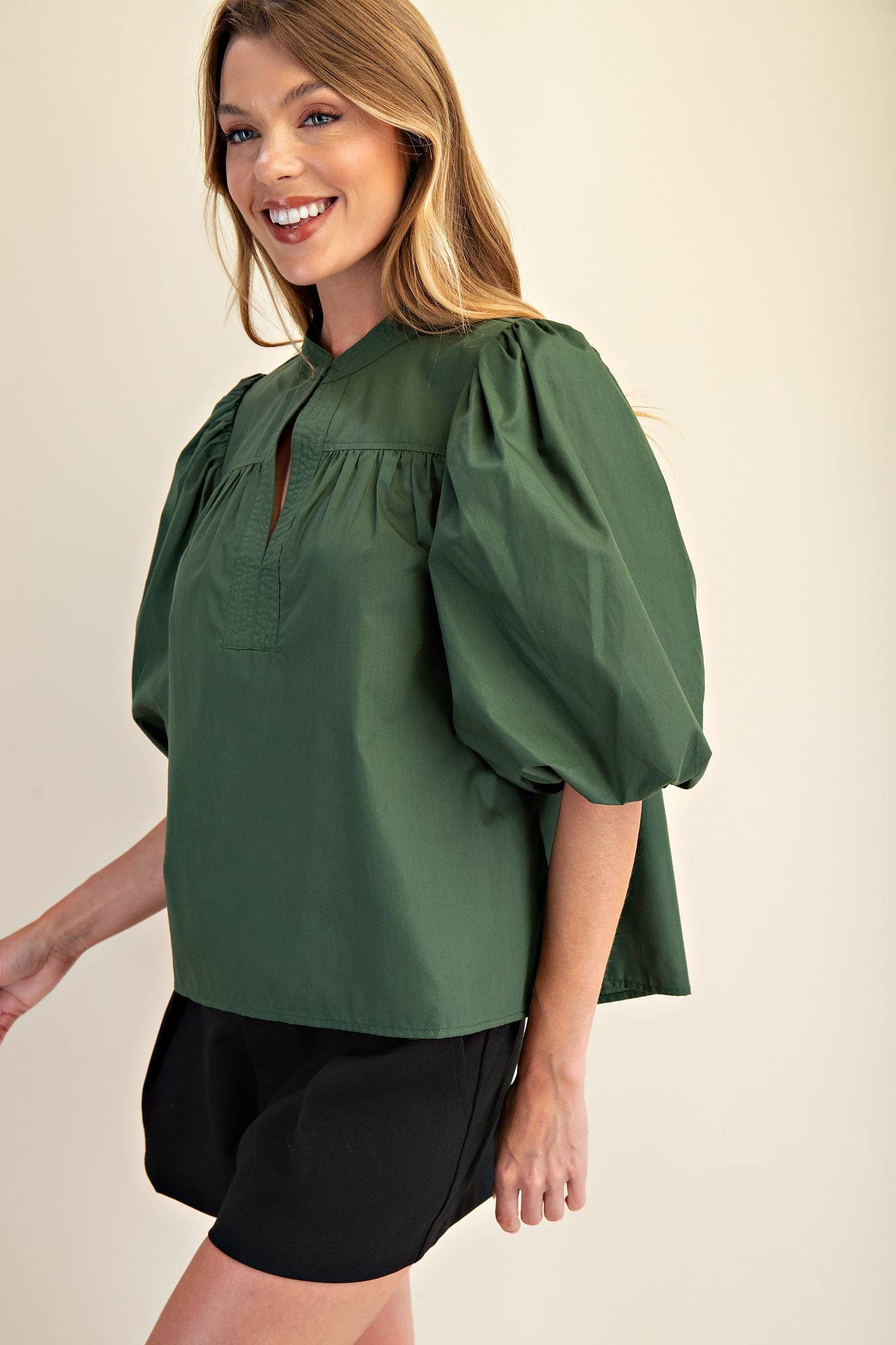 Mandarin Collar V-Neck Bubble Sleeve Poplin Top