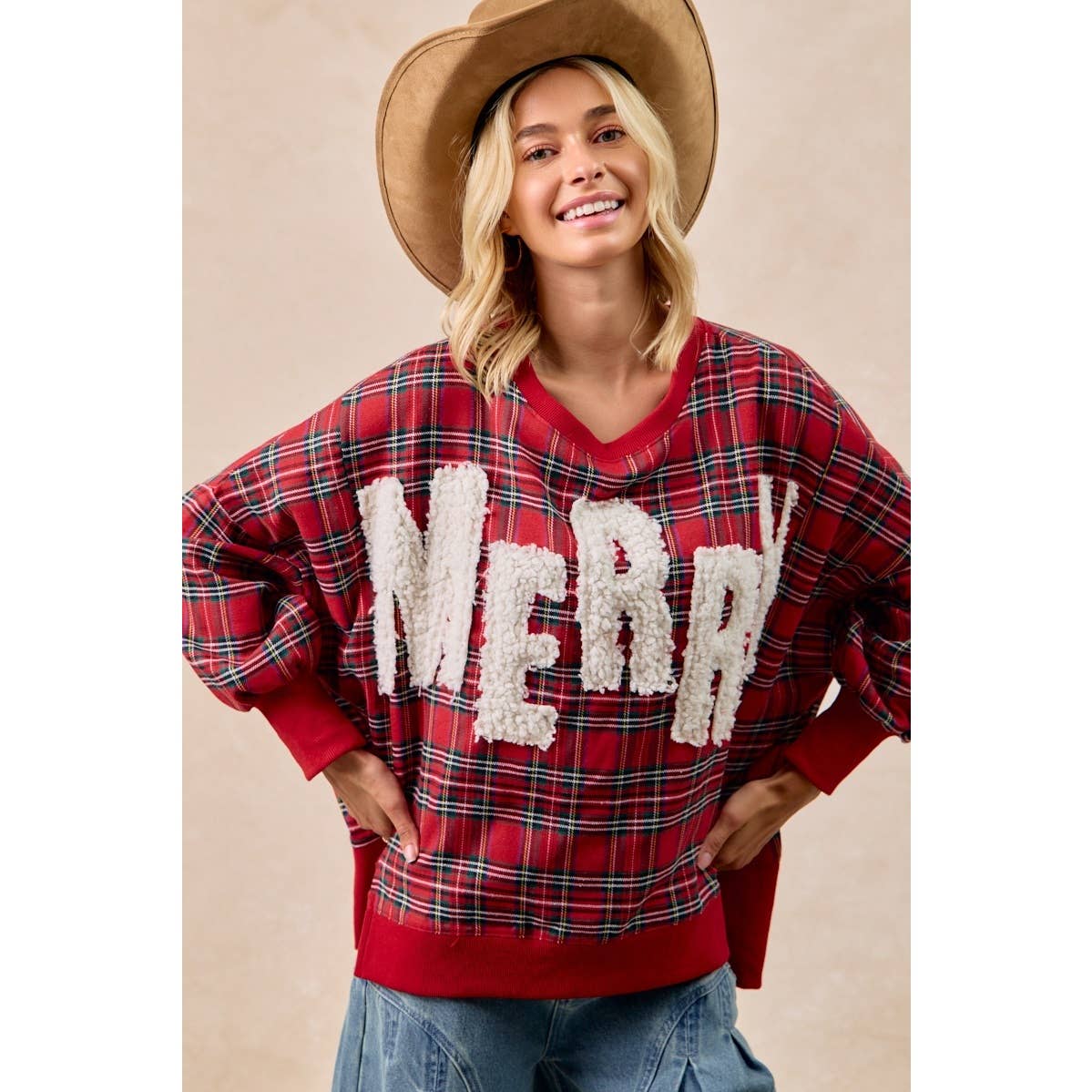 MERRY LETTER PATCHES CHRISTMAS PLAID SWEATSHIRT