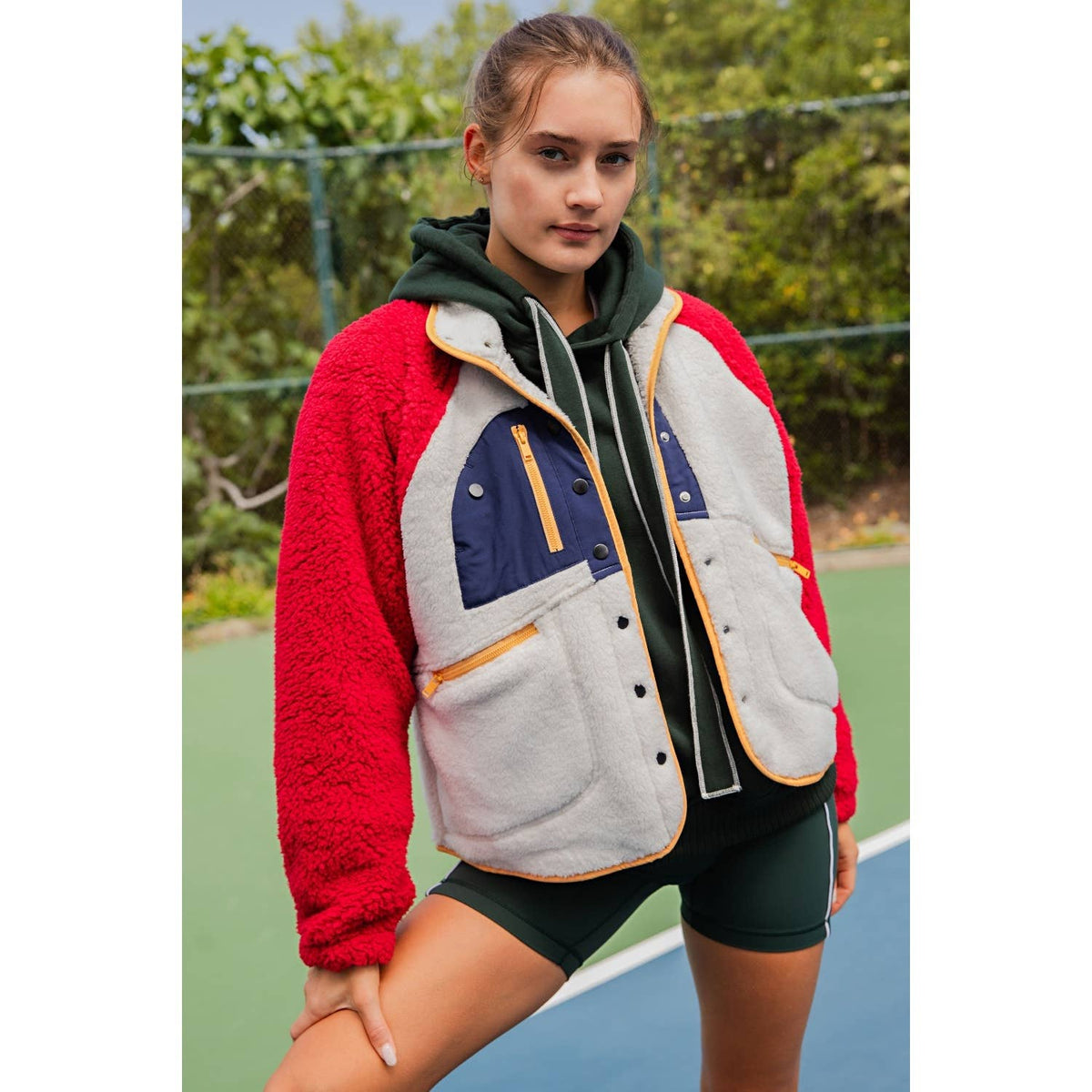 SHERPA COLOR BLOCK BUTTON UP JACKET