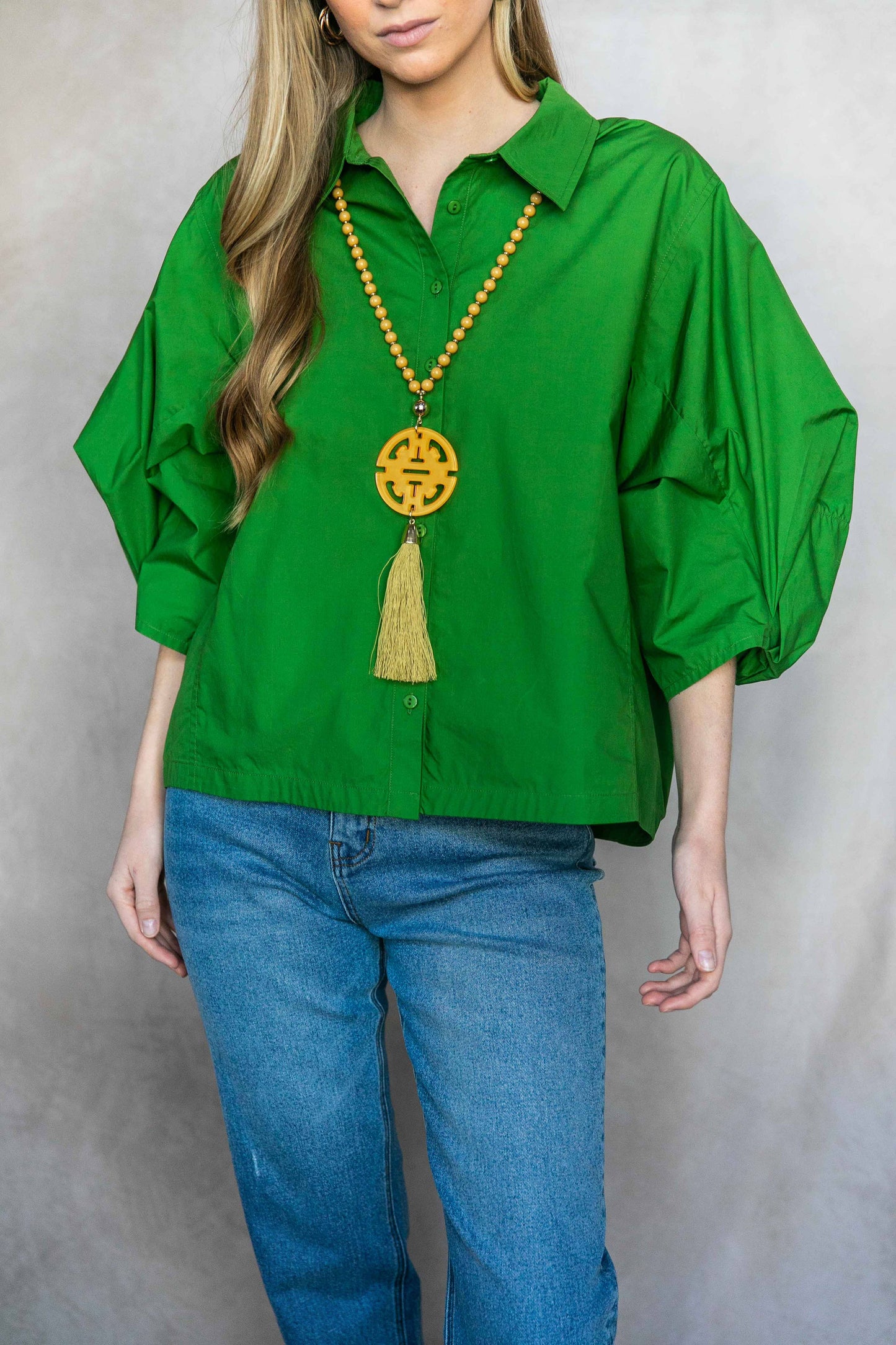 Poplin Bishop Sleeve Button Up Shirt