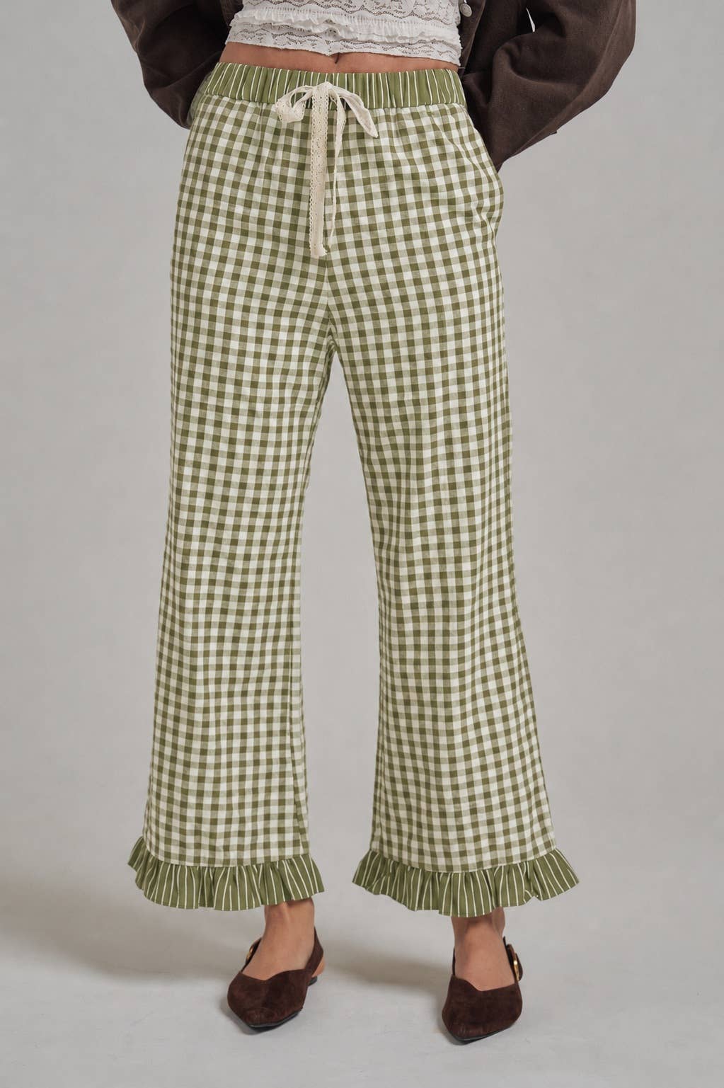 GINGHAM CHECK ELASTIC WAIST PANTS WITH LACE DRASTRING