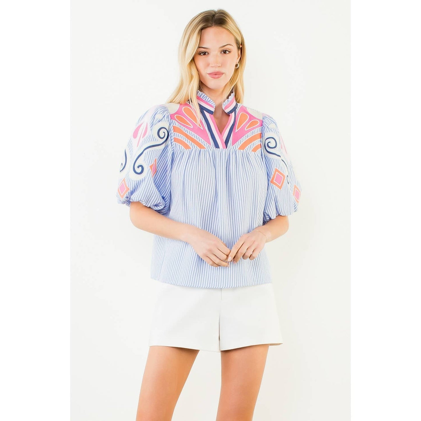 Puff Sleeve Embroidery Detail Textured Top