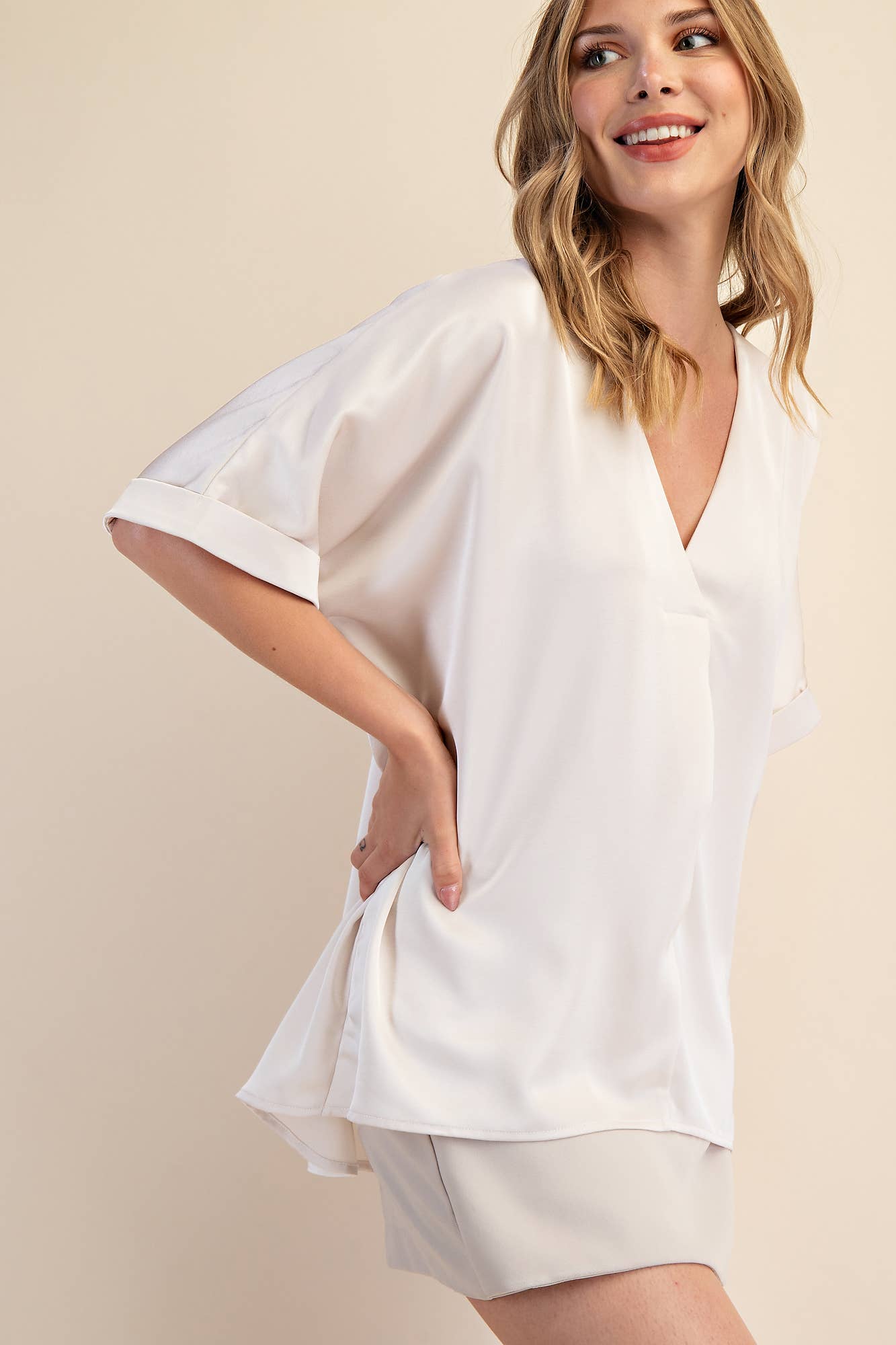 Pull Over Satin Blouse V-neck High Low
