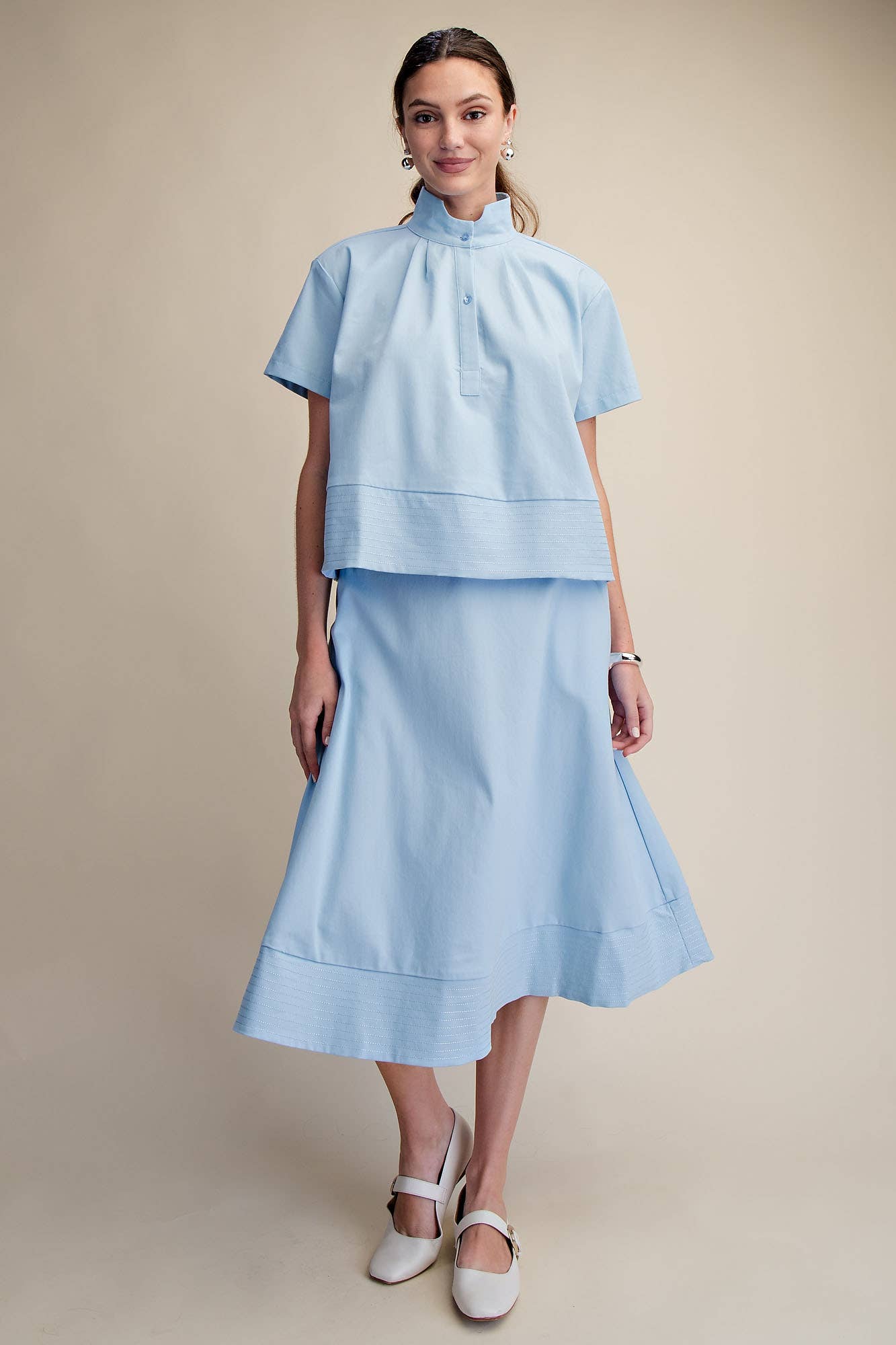 Stand Collar Short Sleeve Stitch Detail Shirt