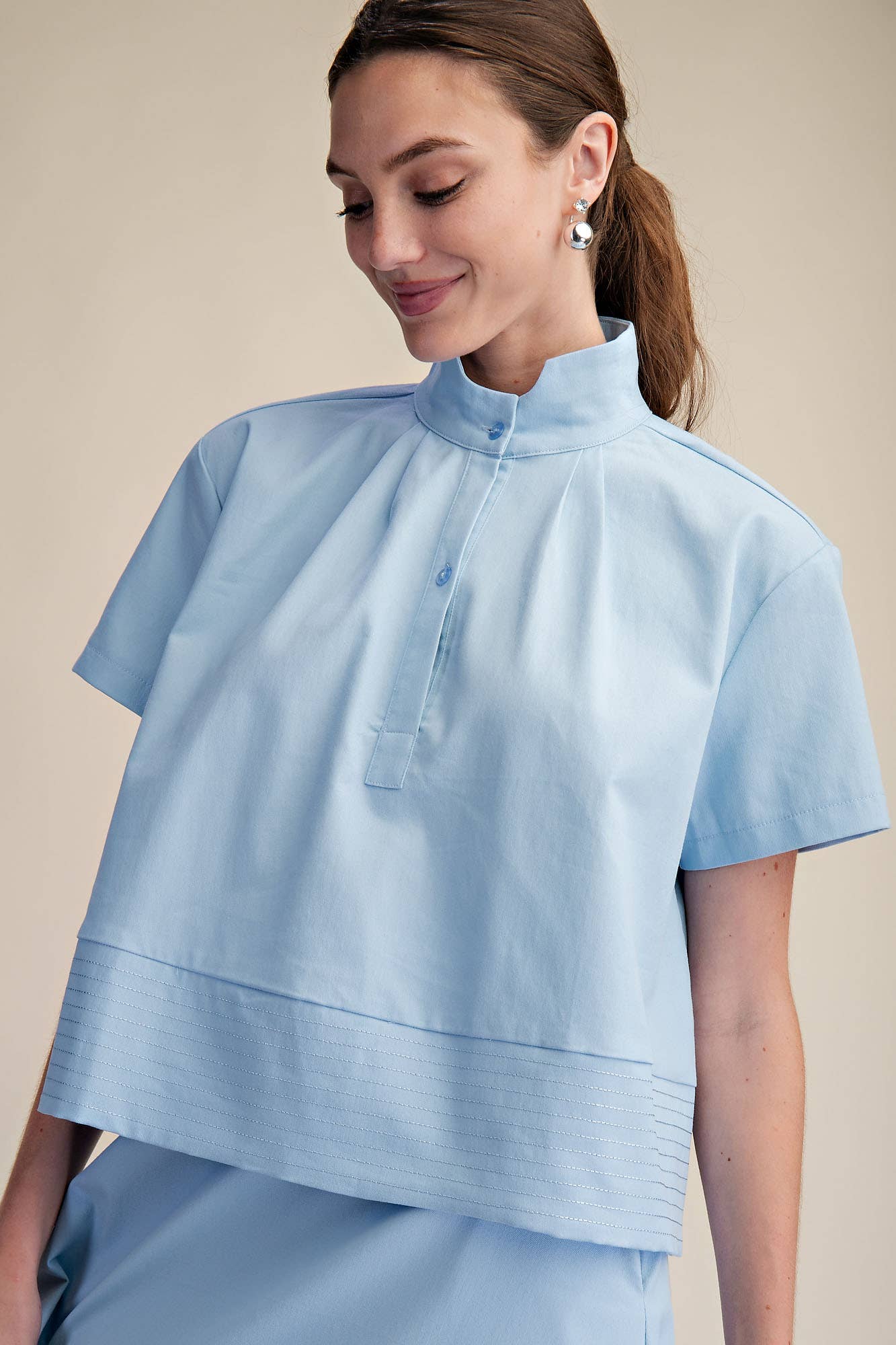 Stand Collar Short Sleeve Stitch Detail Shirt