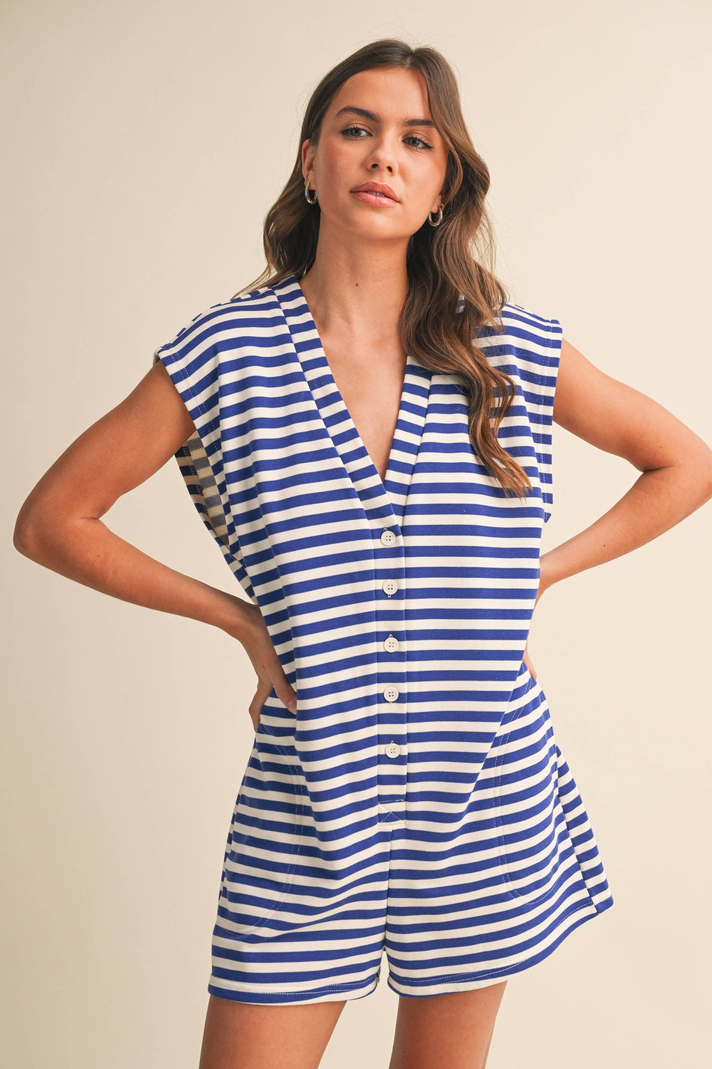 IR2384  SHORT SLEEVE STRIPED BUTTON DOWN ROMPER