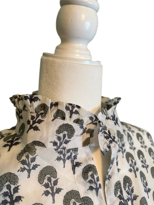 Women's Floral Block Print Ruffle Collar Button Downblouse