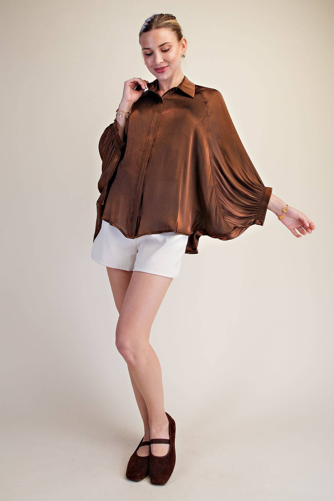 Metallic Oversized Button Down Long Sleeve Shirt Blouse