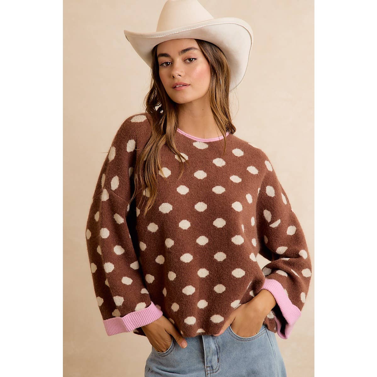 CONTRAST NECK AND ROLL UP DETAIL POLKA DOT SWEATER
