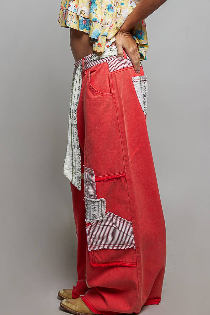 Stripe Patch High Rise Wide Leg Twill Pants