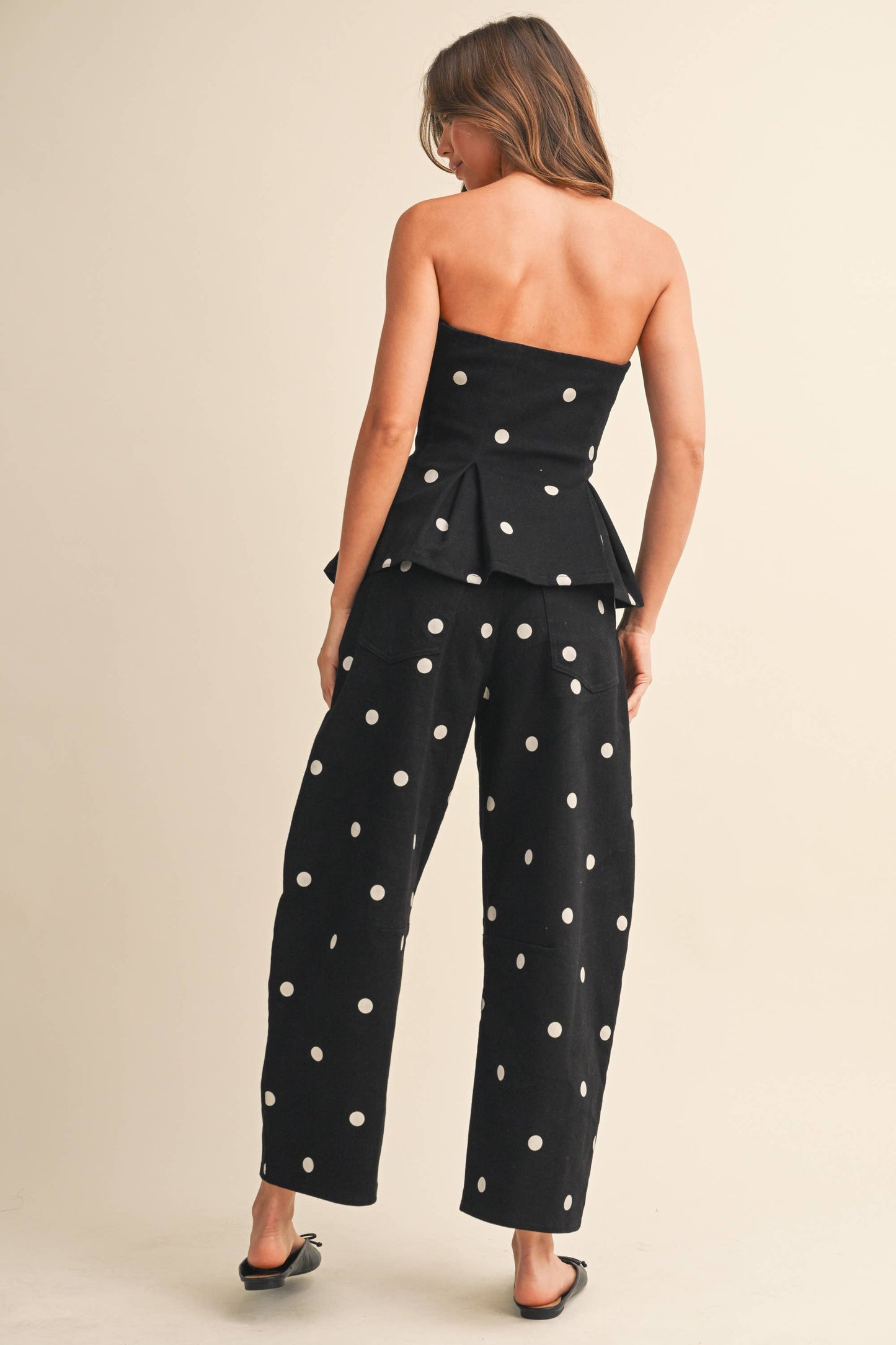 IST6128-B POLKADOT STRAPLESS PEPLUM TOP AND BARREL PANTS SET