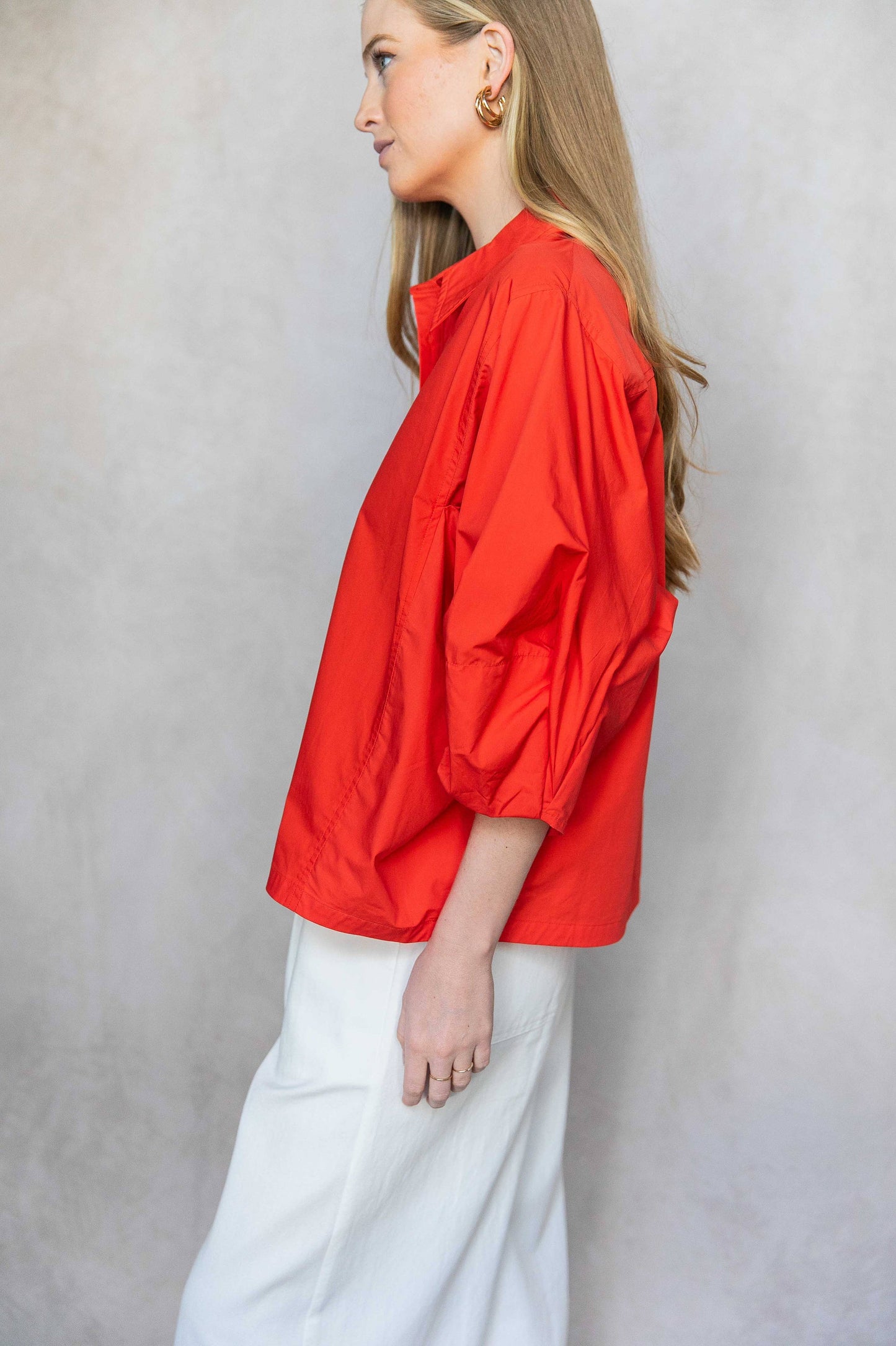Poplin Bishop Sleeve Button Up Shirt