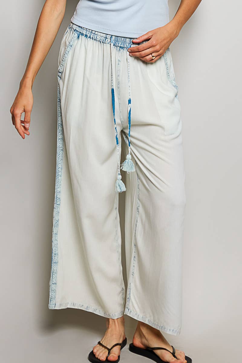 Vintage Washed Embroidered Trim Tassel Wide Leg Pants