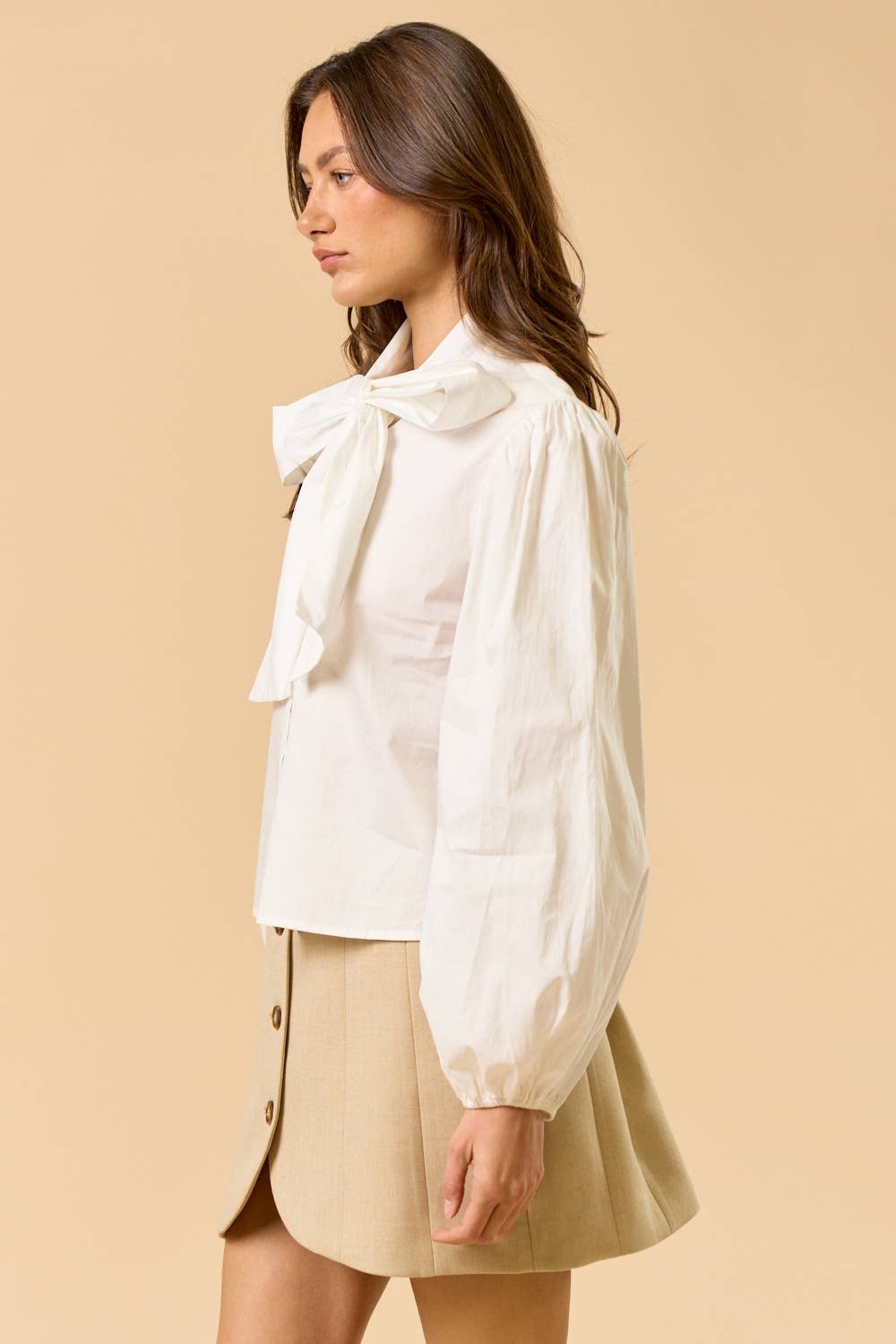 ILT6233 Ribbon-Tie Button Down Top with Puff Sleeves