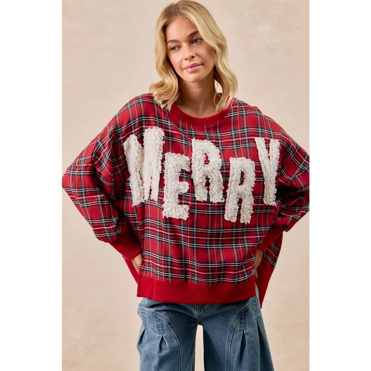 MERRY LETTER PATCHES CHRISTMAS PLAID SWEATSHIRT